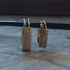 2 pairs of rhinestone gold tone hoops
